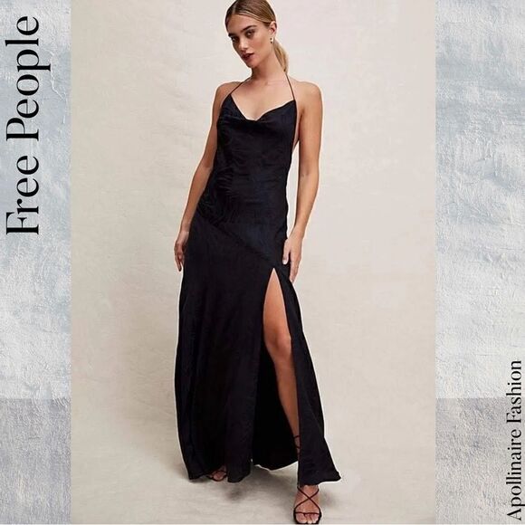 FREE PEOPLE GIGI MAXI DRESS IN BLACK SATIN SIZE 10 NWT - Picture 3 of 14